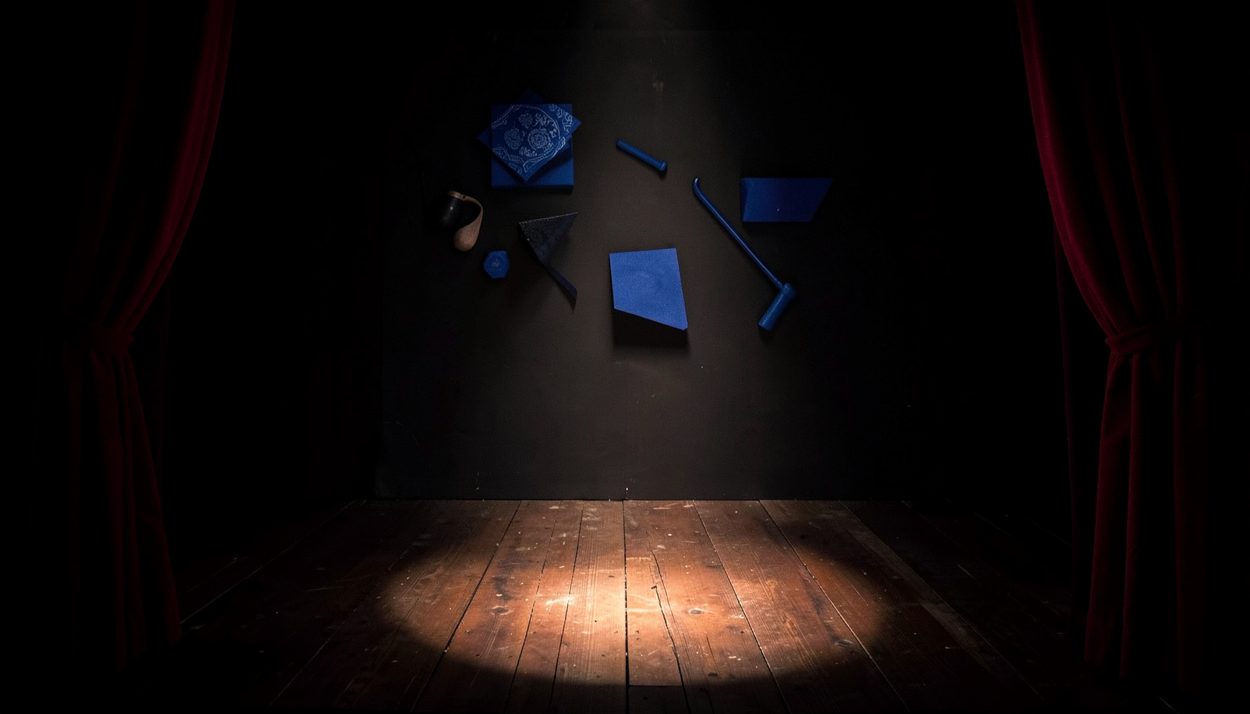 A darkened theater stage with deep red velvet curtains drawn to the sides, a single warm spotlight pooling on the worn wooden floor, rich blacks and burgundies dominating the scene