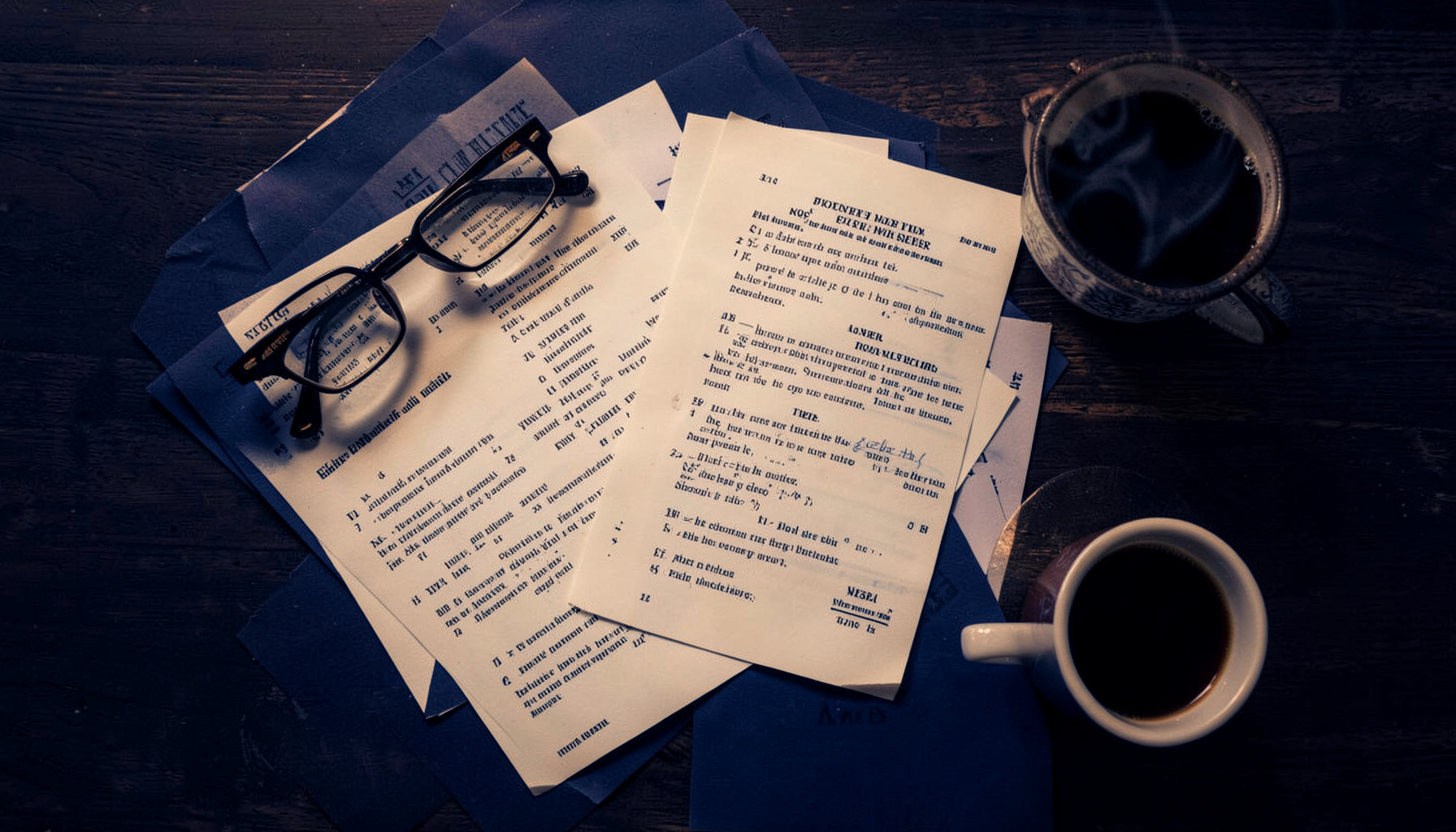 A warm overhead flat-lay photograph of theater scripts, reading glasses, and a steaming coffee cup arranged on a dark wooden table, with soft amber lighting and deep navy shadows creating an intimate creative atmosphere.