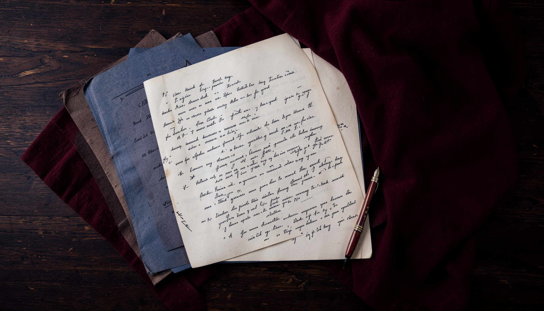 A warm overhead flat-lay photograph of theater scripts, a vintage pen, and deep burgundy fabric on a dark wood surface, evoking the intimacy of black theatre