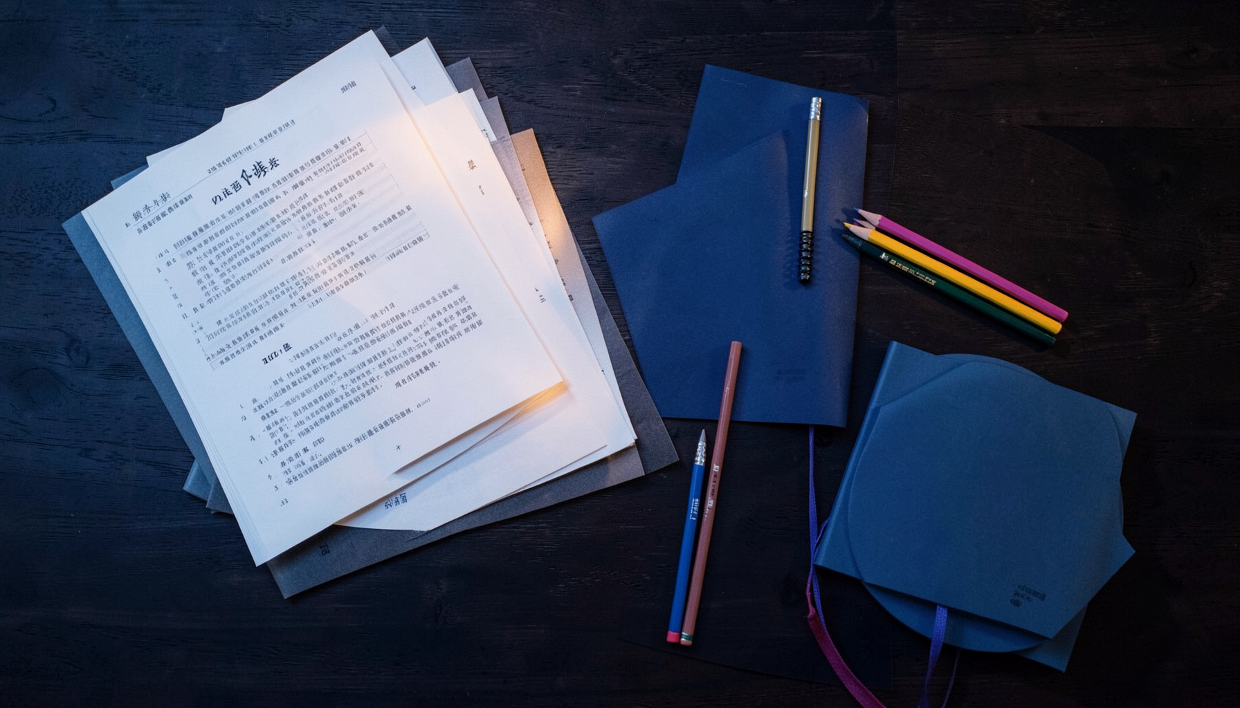 Overhead flat-lay of theater workshop materials: scripts, notebooks, colored pencils, and a warm stage-light glow across a dark wood table